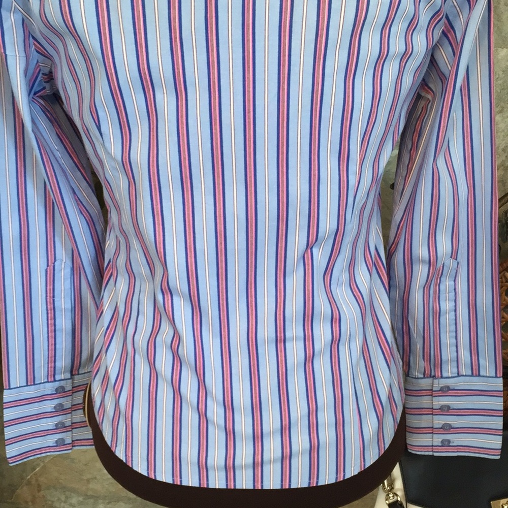 Ninety 🌹Shirt top blouse tunic striped shape flattering 4 button cuff - Picture 8 of 8